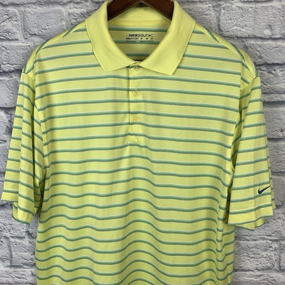 NIKE Golf Fit‎ Dry Vented Golf Polo Yellow Green Striped Short Sleeve Sz Medium - Picture 1 of 7
